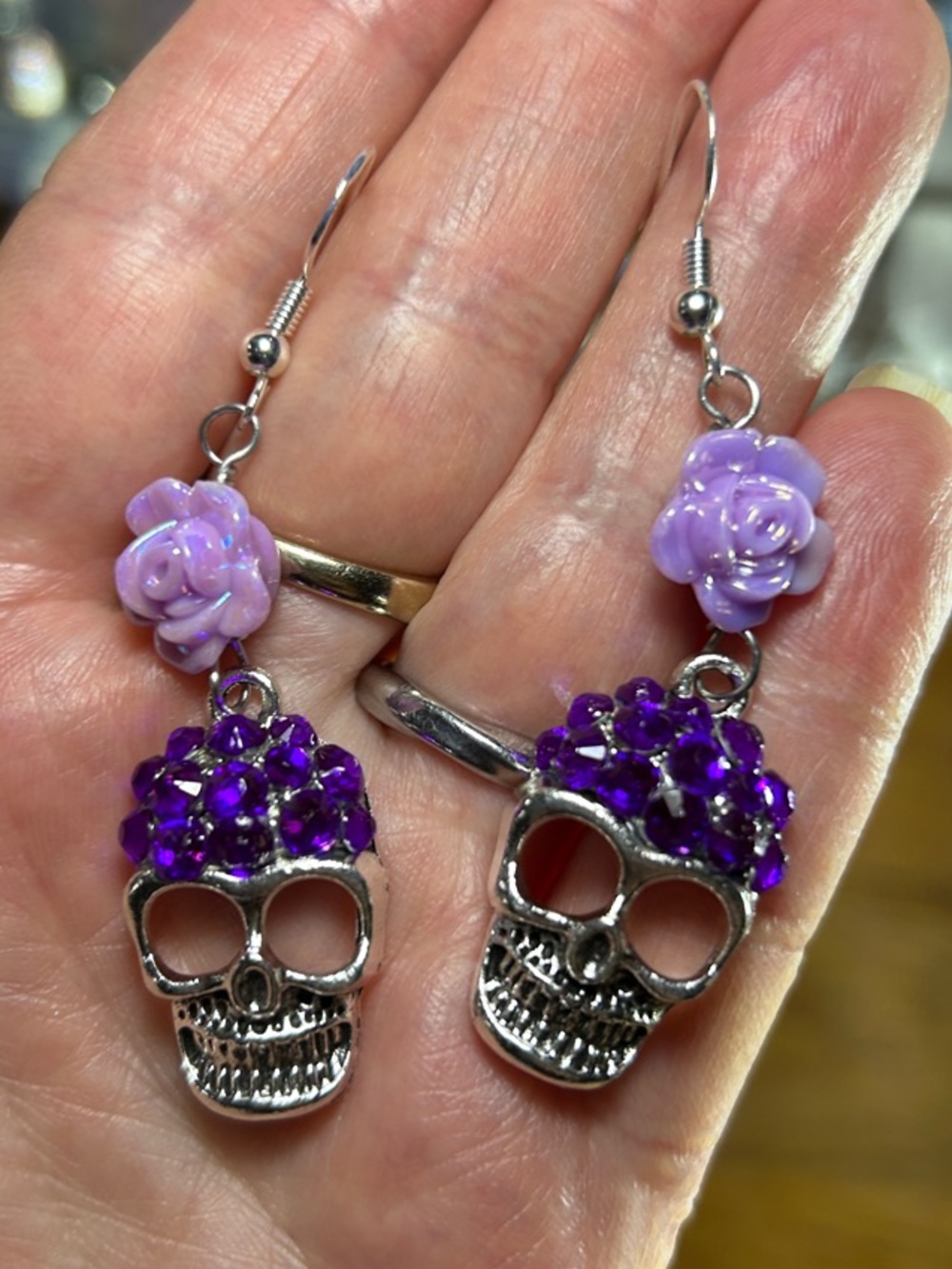 3/$25 Purple Floral Skull Dangle Earrings